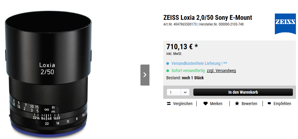 Angebot zeiss loxia 50mm f2